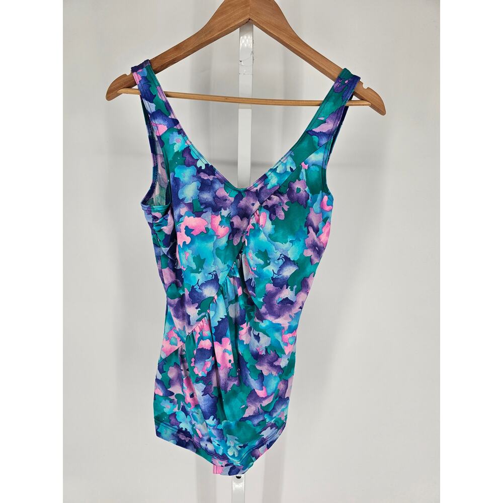 Vintage 1970s Body ID Womens Sz 14 Bright Floral Swimsuit Swim Dress